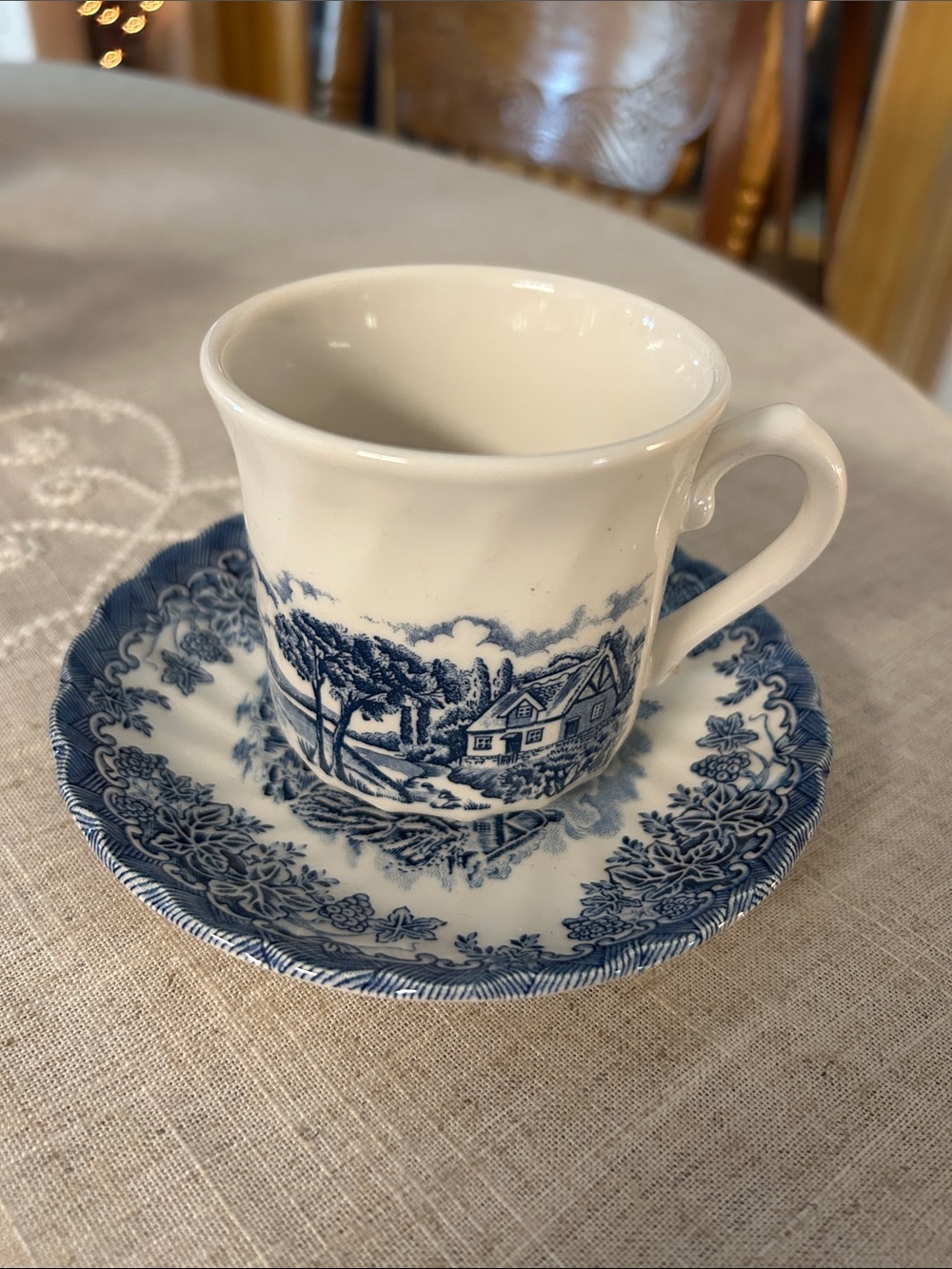 Blue and White Transferware Teacup and Saucer